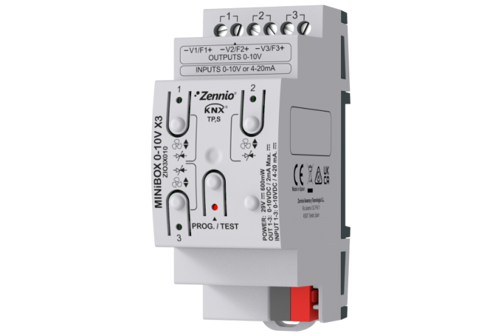 Zennio MINiBOX 0-10V X3 Actionneur multifonction avec 3 blocs de sortie/entrée analogique de 0-10 V - ZIO3X010